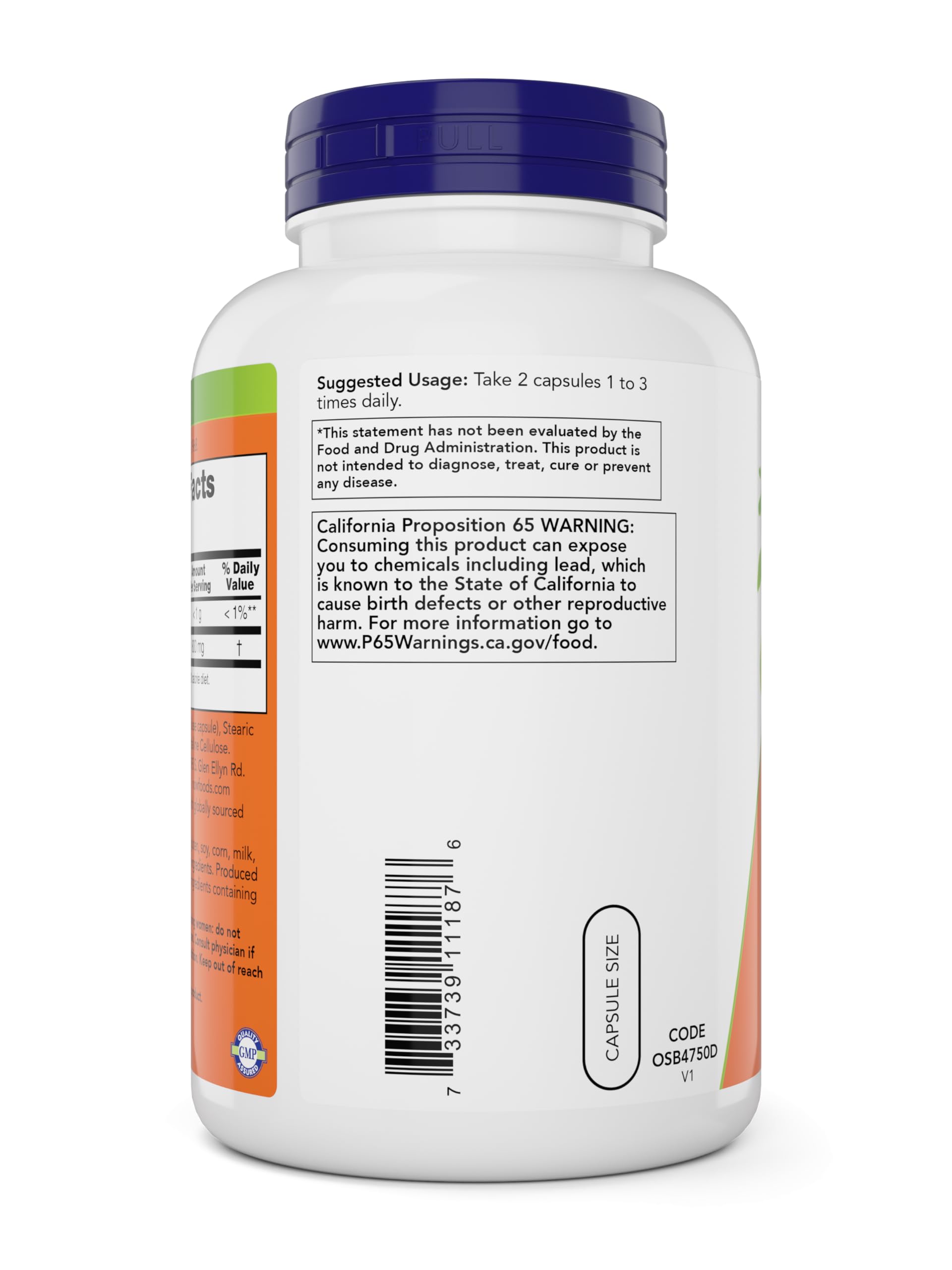 NOW Slippery Elm bottle back label with ingredients