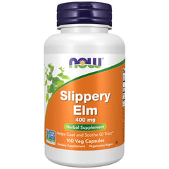 NOW Slippery Elm 400 mg bottle with label and 100 vegetarian capsules