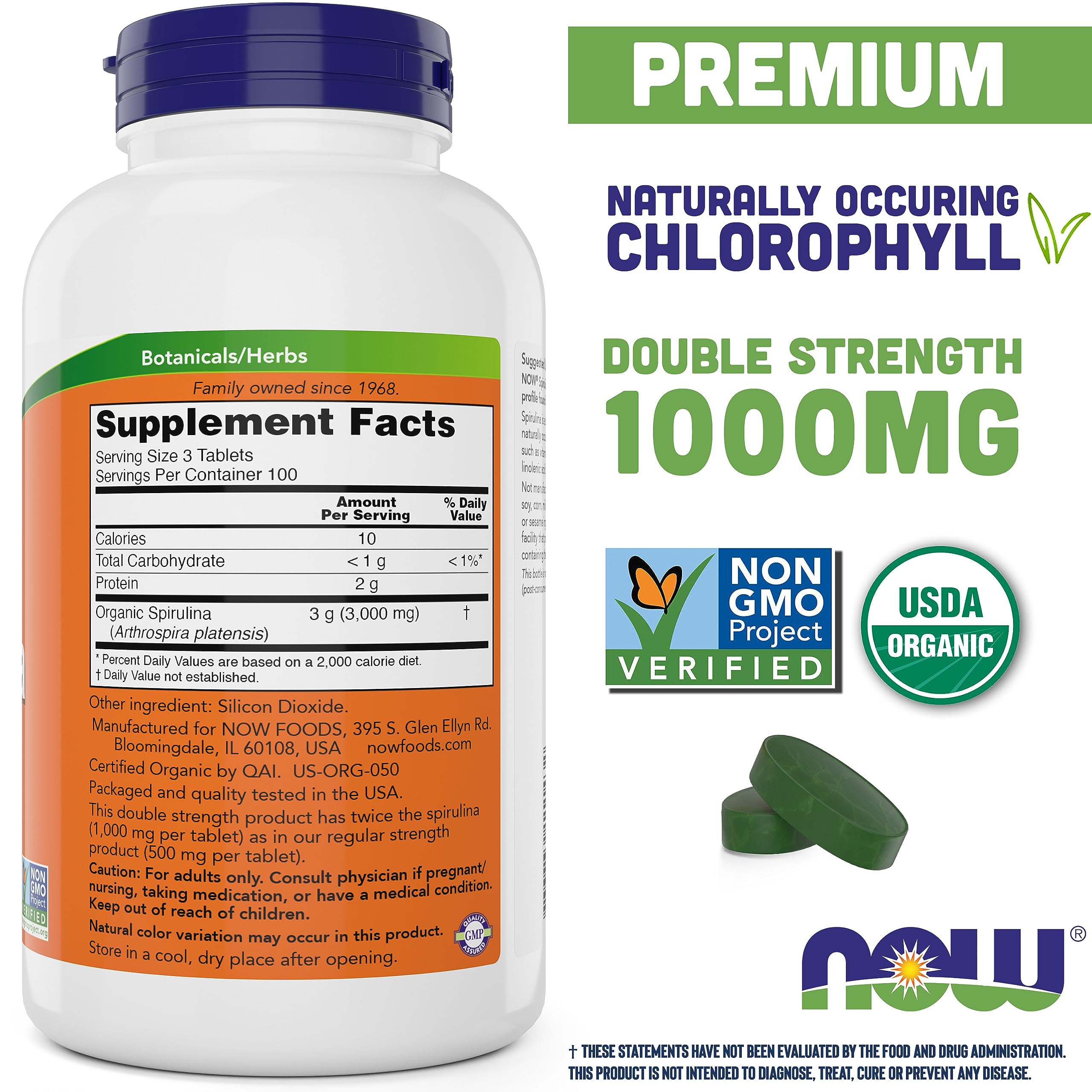 USDA Organic and Non-GMO certification labels on spirulina packaging