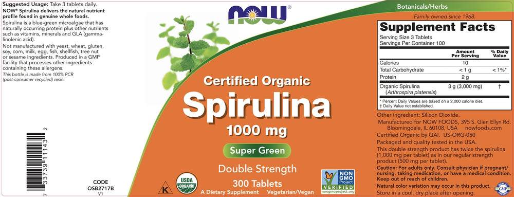 Kosher and vegan friendly icons on spirulina packaging
