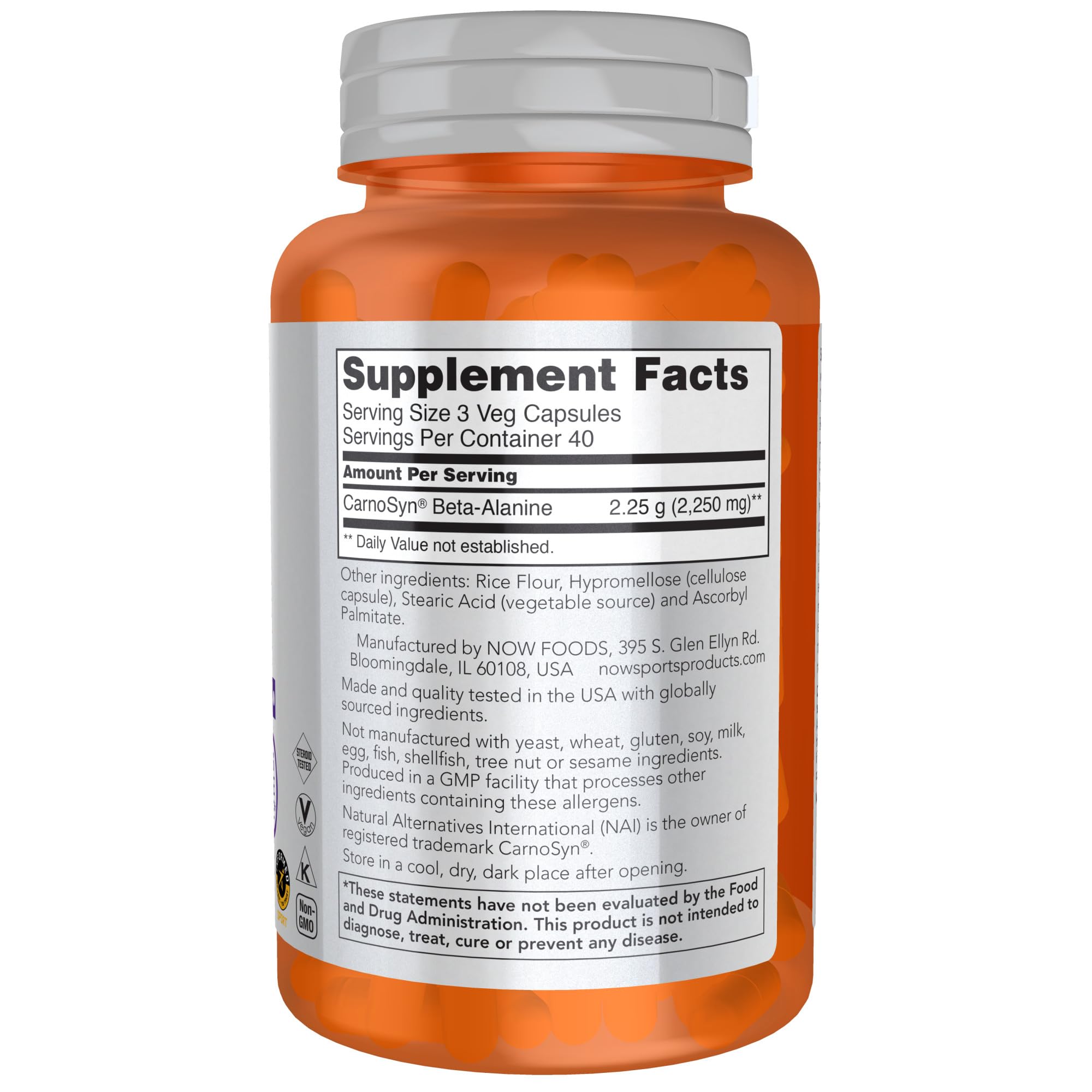 NOW Sports Beta-Alanine vegan capsules packaging close-up 1