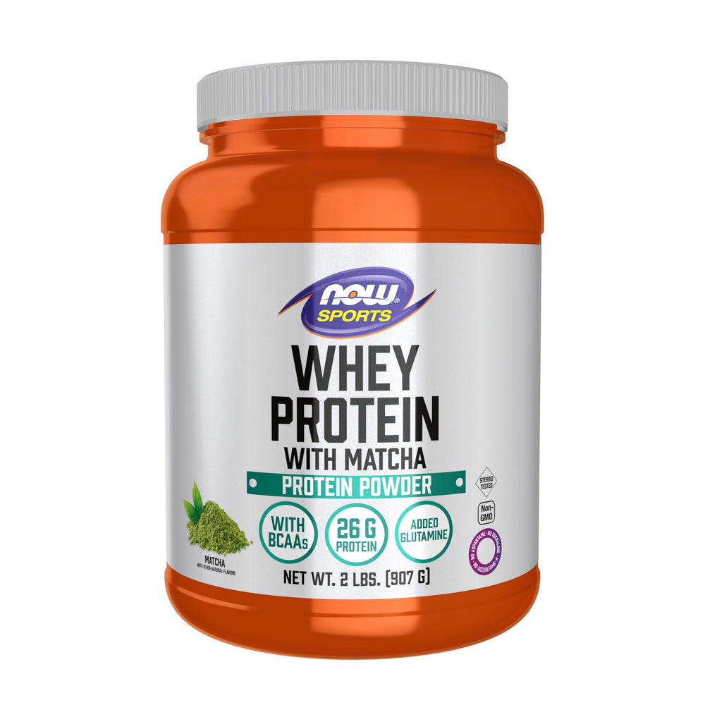 NOW Sports Nutrition Whey Protein 24 g with BCAAs and Matcha – 2 lb tub, front view