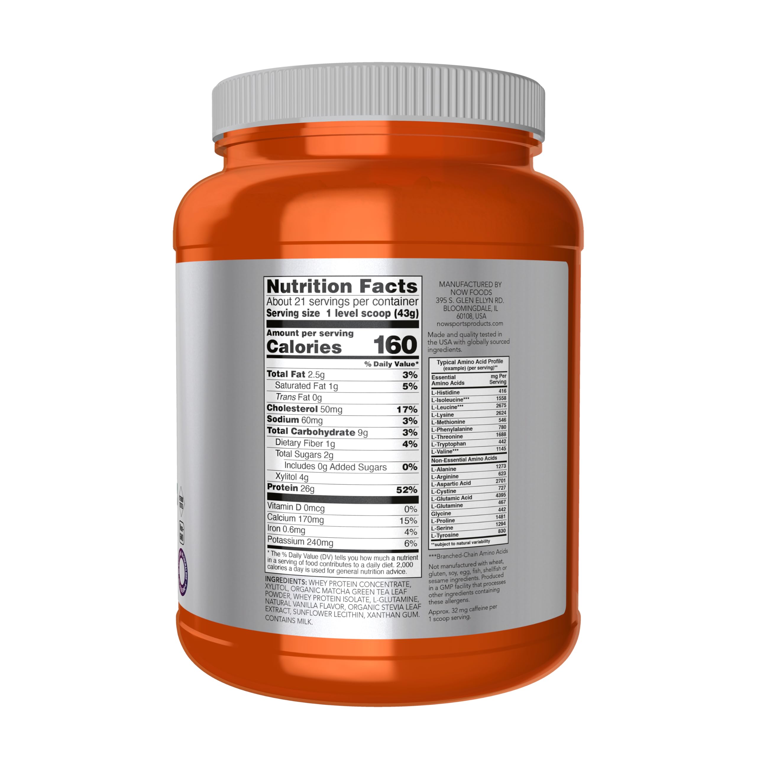 Close-up of NOW Whey Protein powder scoop showing 24 g protein and BCAAs