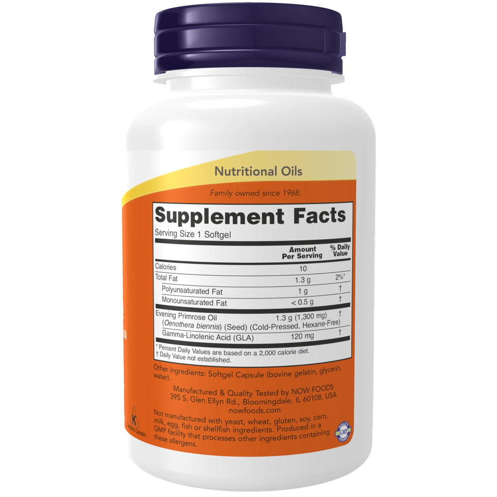 NOW Super Primrose Oil 1300 mg label and bottle close-up