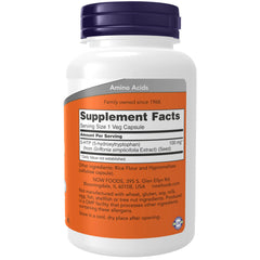 NOW 5-HTP bottle close-up showing 120 vegan capsules