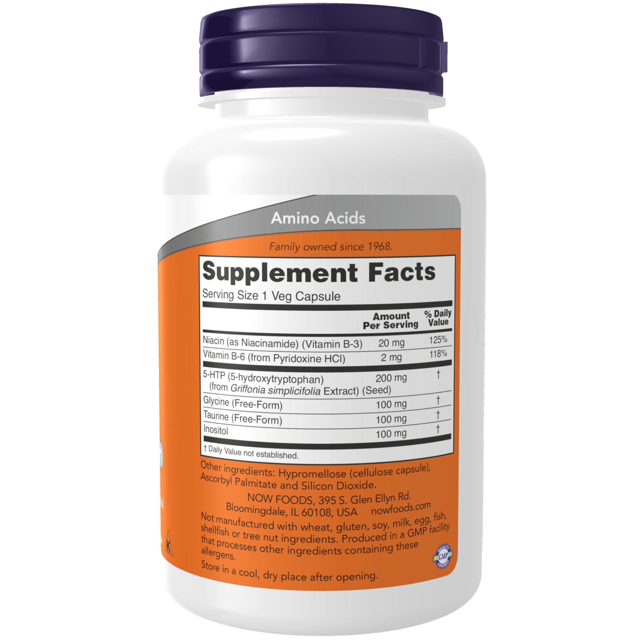NOW Supplements 5-HTP 200 mg double strength bottle side view