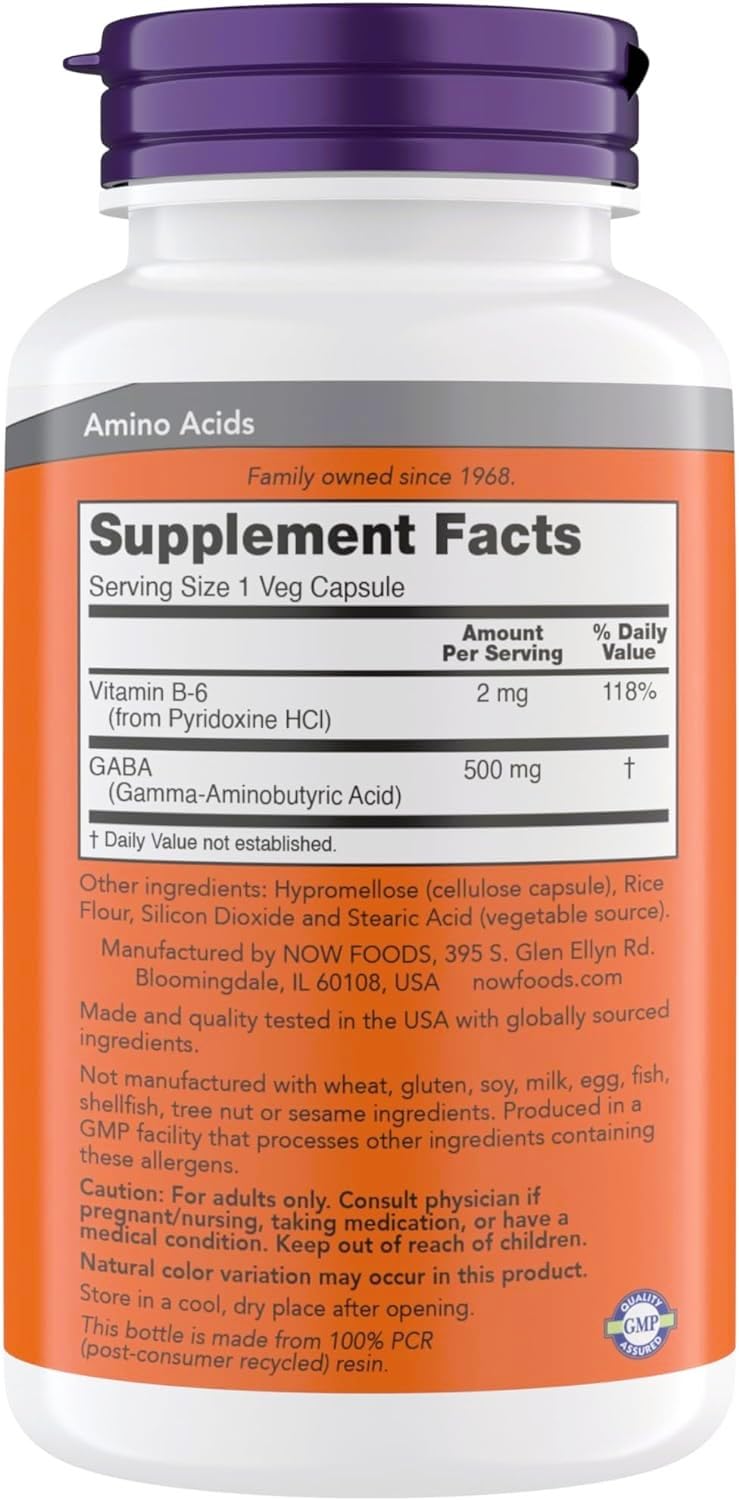 Close-up of NOW GABA 500 mg bottle
