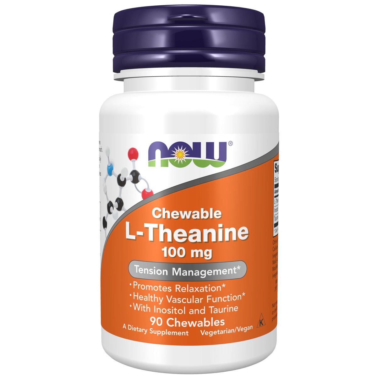 NOW Supplements L-Theanine 100 mg with Inositol and Taurine Berry chewables bottle