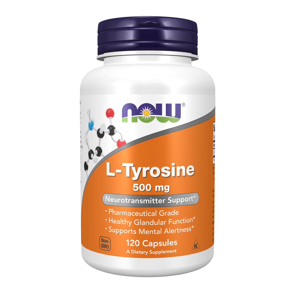 NOW Supplements L-Tyrosine 500 mg bottle – 120 capsules, front view