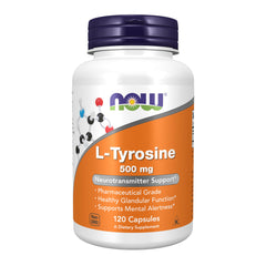 NOW Supplements L-Tyrosine 500 mg bottle – 120 capsules, front view
