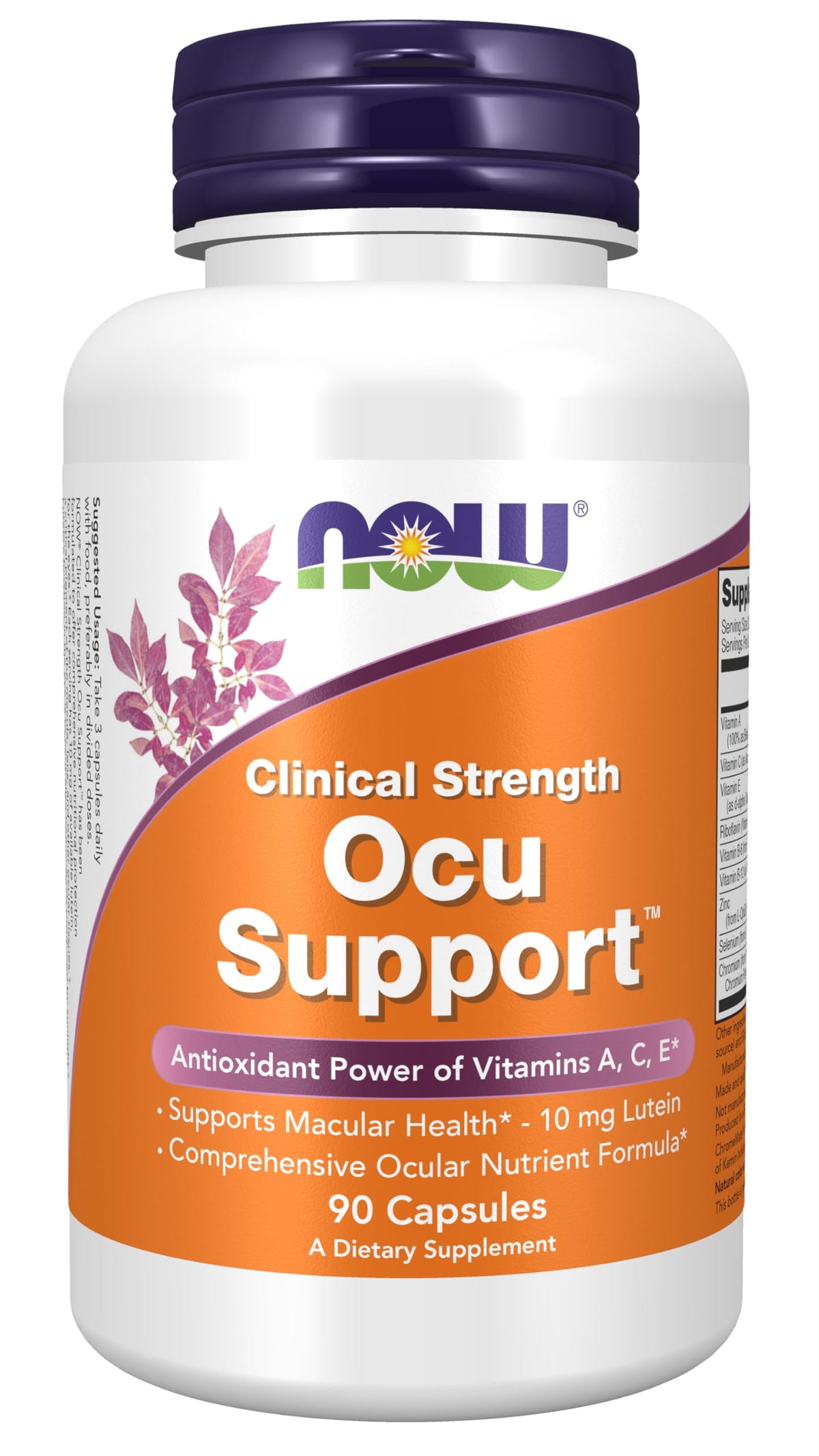 NOW Ocu Support bottle demonstrates daily eye nutrition with FloraGLO lutein for macular health support.