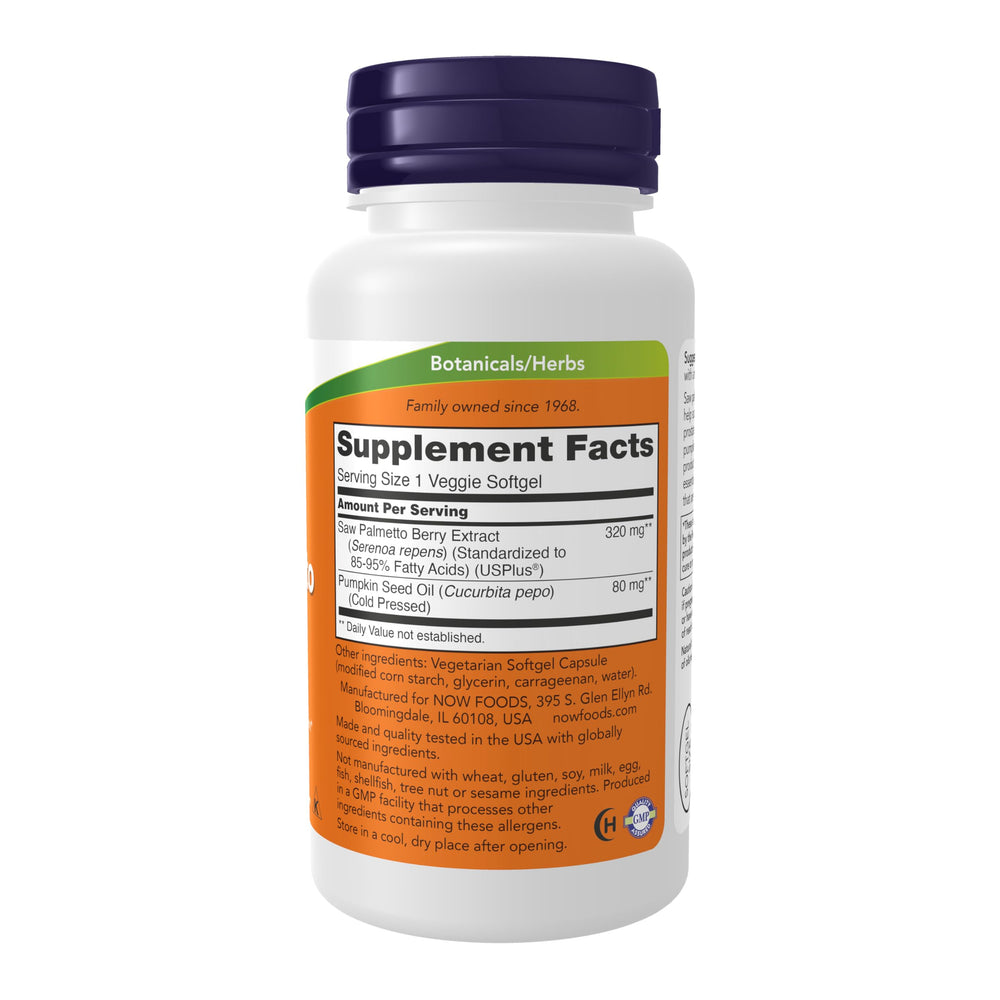 Ingredient label close-up for NOW Saw Palmetto 320 mg with Pumpkin Seed Oil