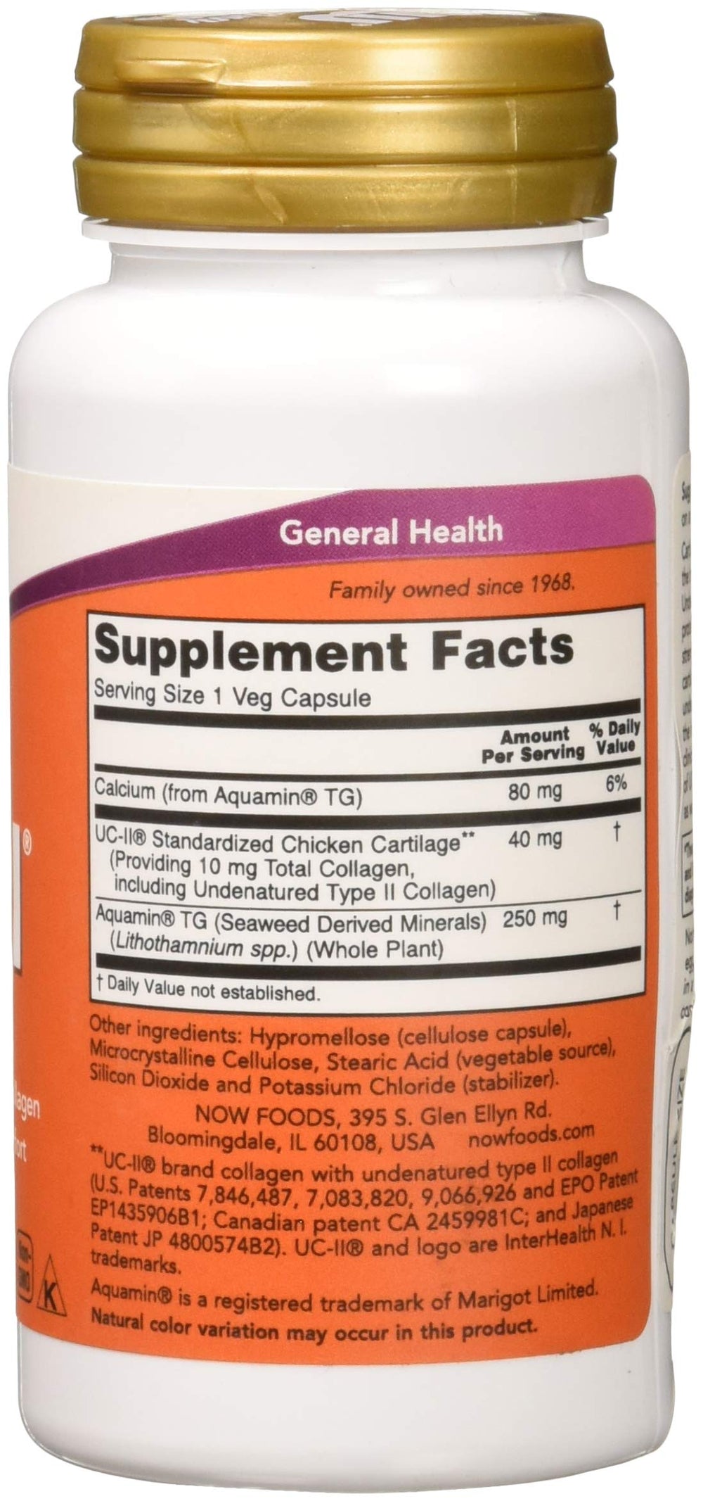 Label of NOW UC-II Type II Collagen 120 Veg Capsules