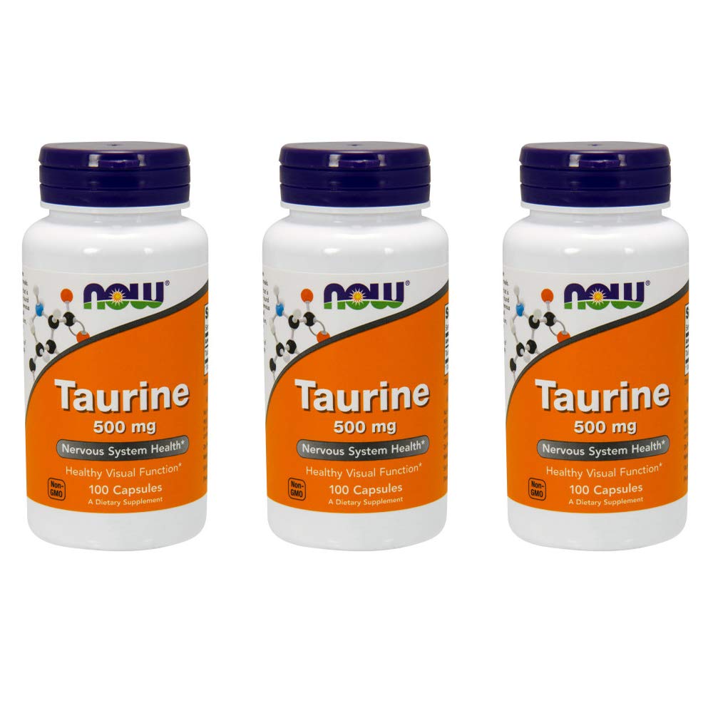 NOW Taurine 500mg bottle – 100 capsules – pack of 3 – front view
