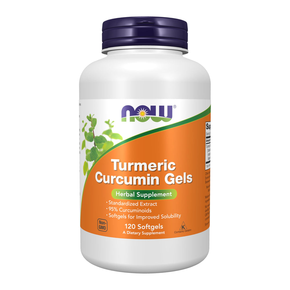 NOW Turmeric Curcumin Softgels bottle showing 95% curcuminoids