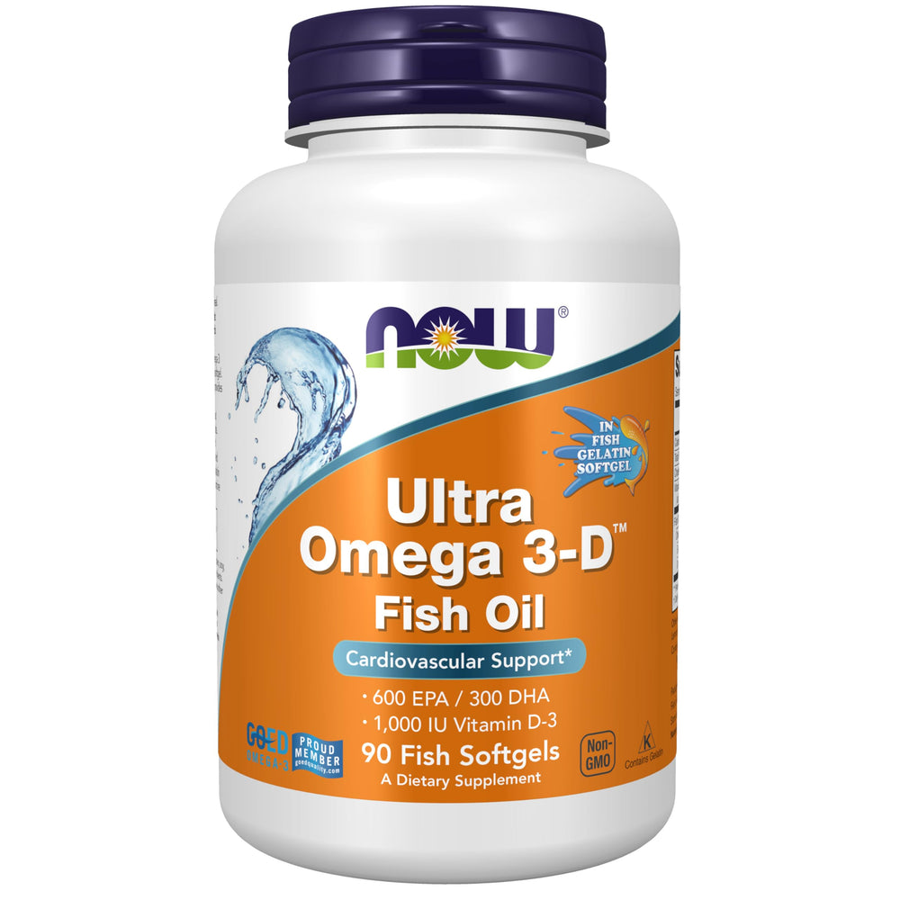 NOW Ultra Omega 3-D bottle with 90 softgels