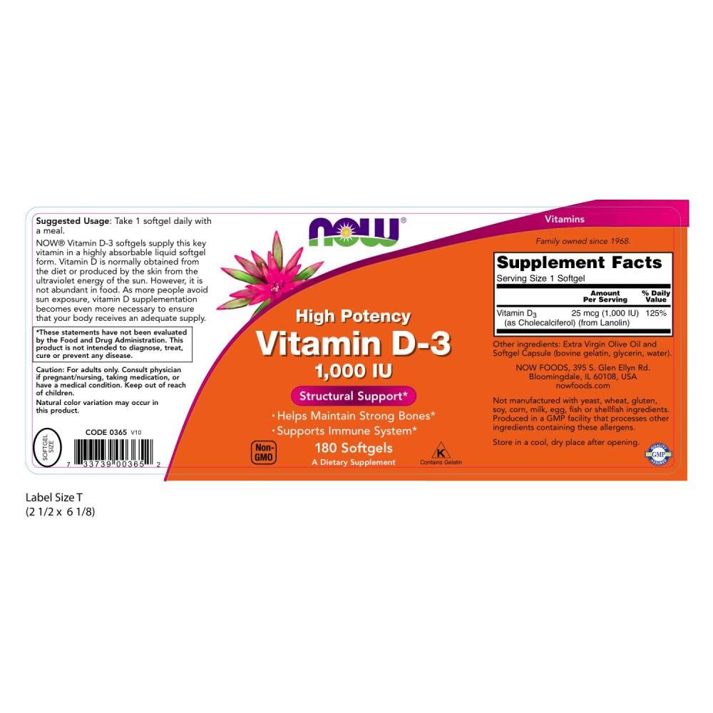 Close-up of Now VIT D-3 1000 IU bottle