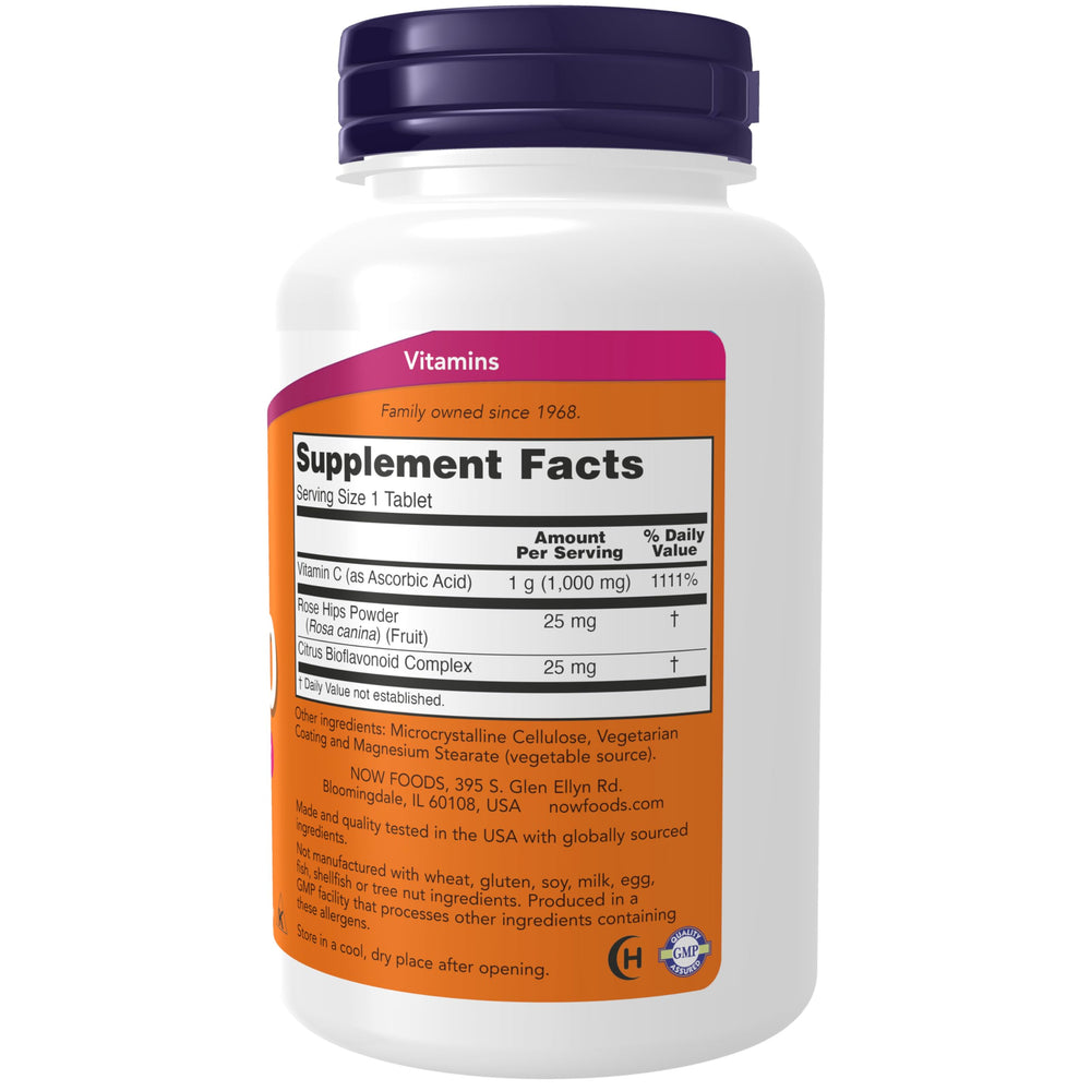 NOW Foods Vitamin C-1000 label highlighting rose hips and bioflavonoids
