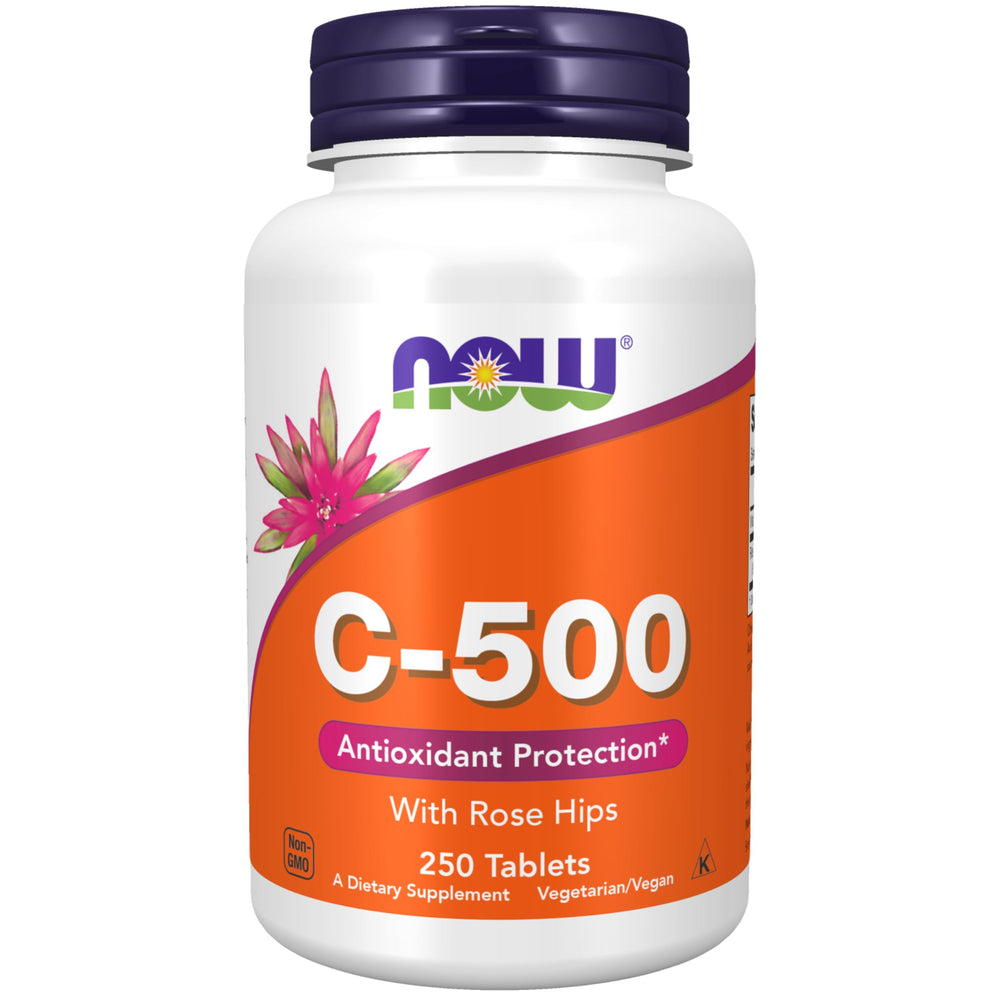 NOW Vitamin C-500 with Rose Hips label showing product name and dosage
