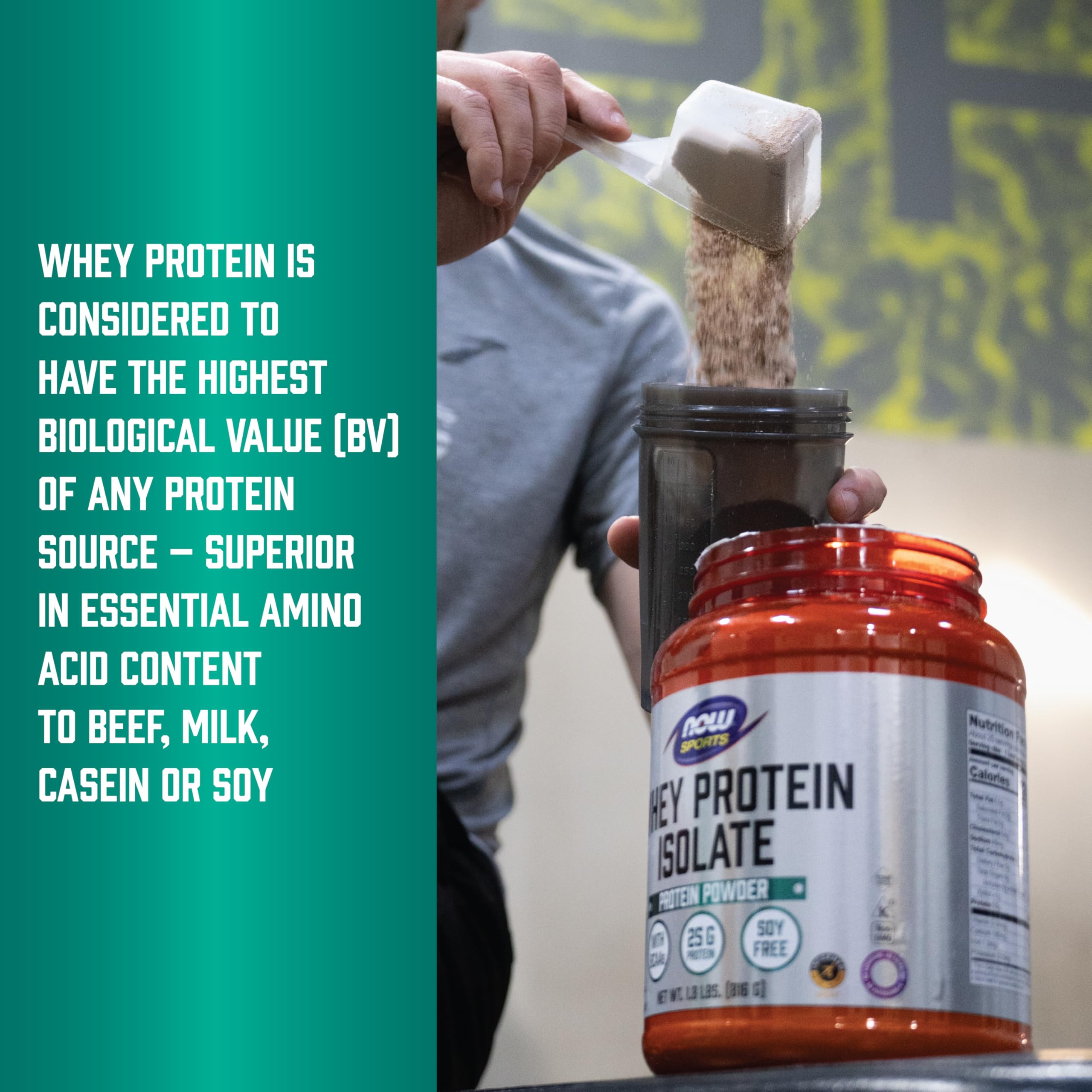 Beige tub of NOW Whey Protein Isolate unflavored