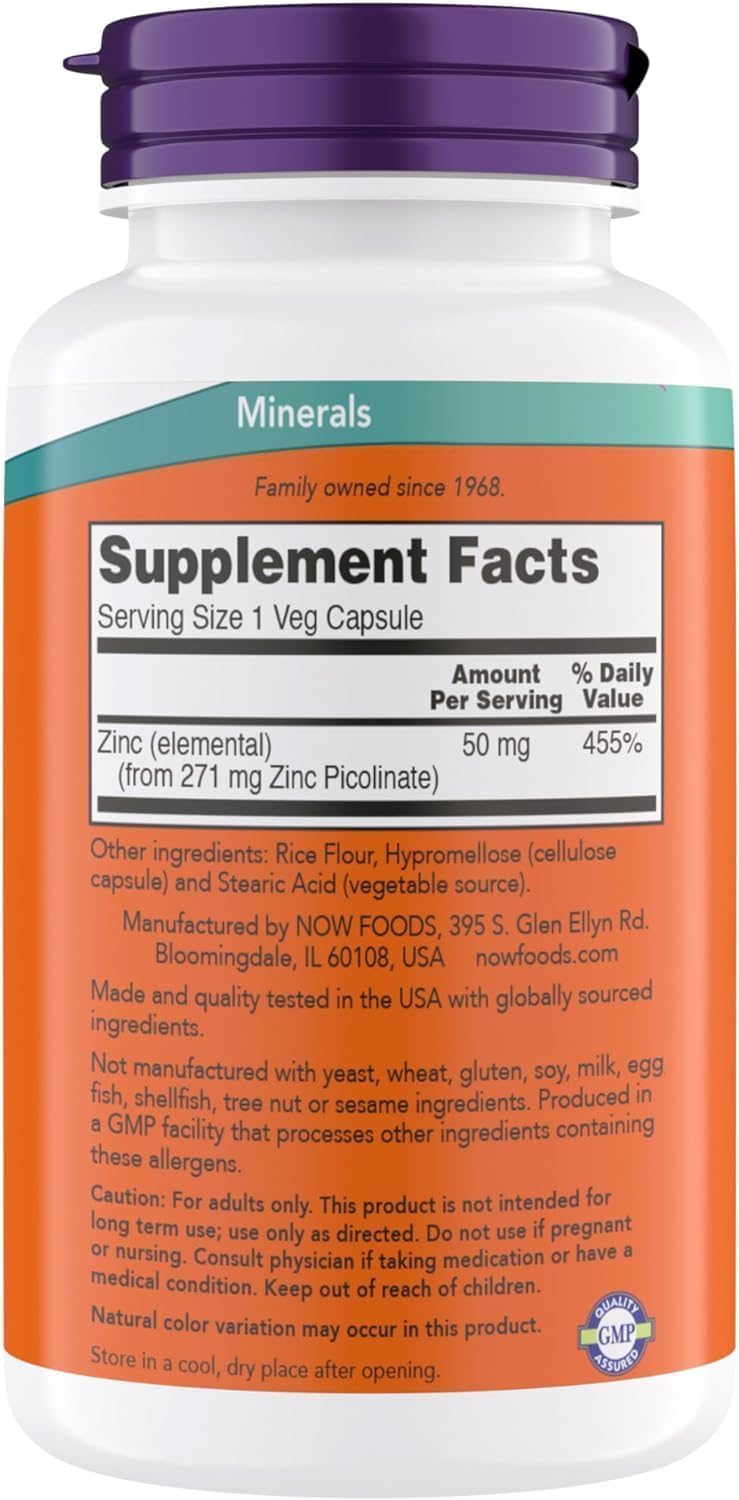 Zinc Picolinate 50 mg capsules inside NOW bottle