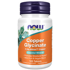Front view of NOW Foods Copper Glycinate bottle with Albion Copper Bisglycinate, 120 tablets