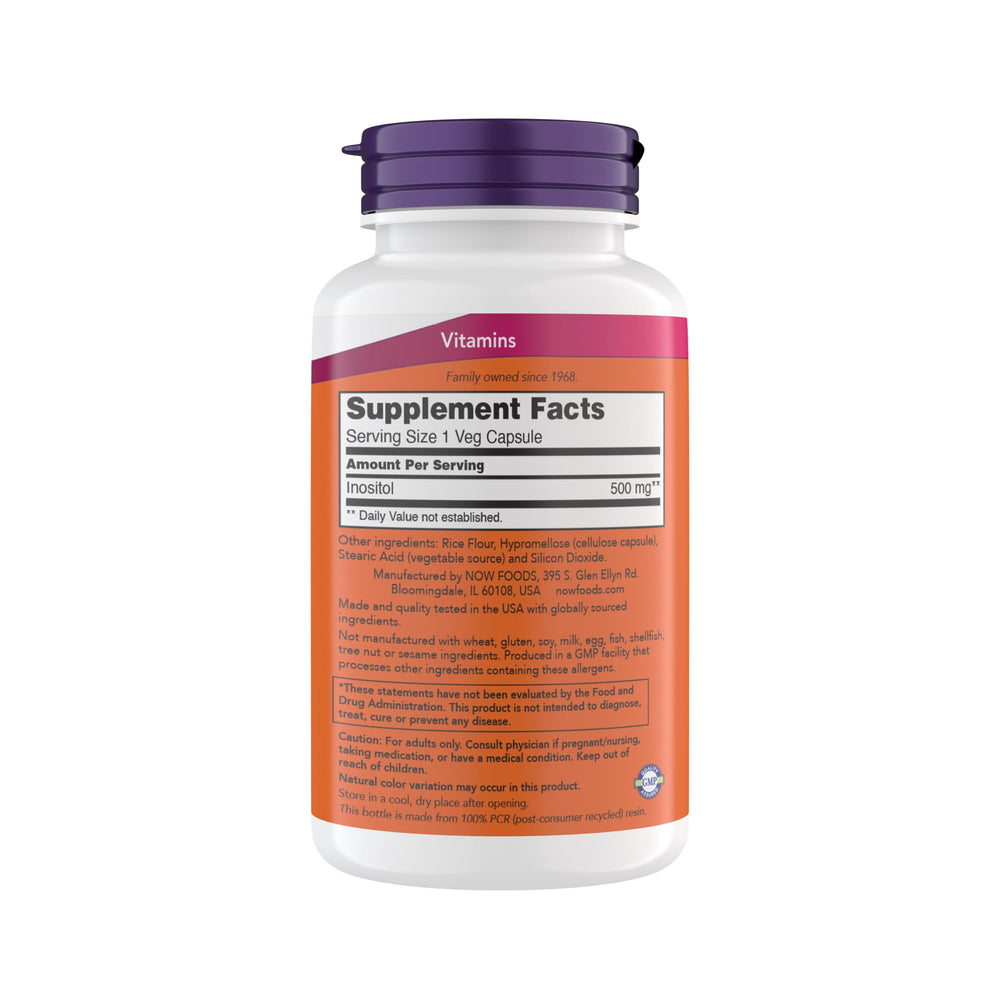 NOW Foods Inositol 500 mg bottle – back view with supplement facts