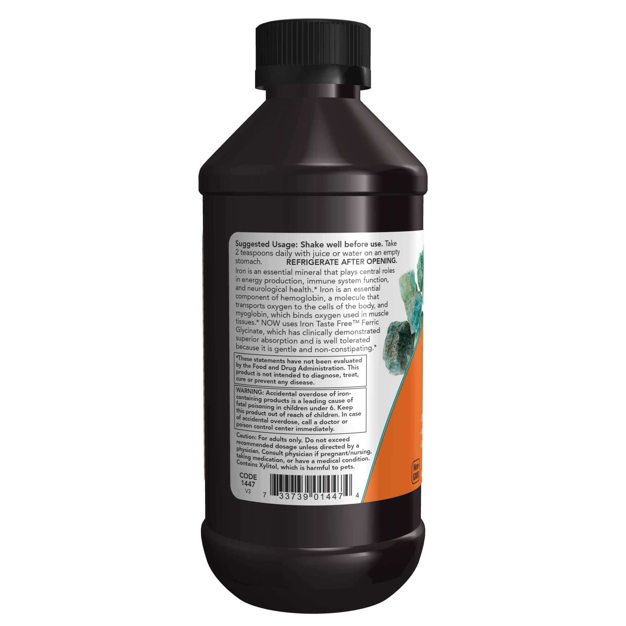 Close-up of NOW Iron Liquid 18 mg bottle label