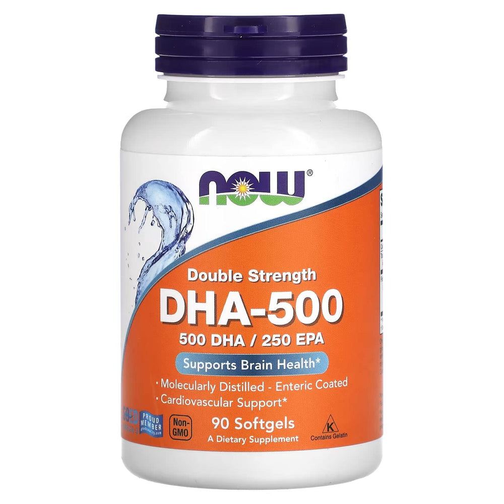 NOW Foods DHA-500 with 250 EPA softgels bottle close-up