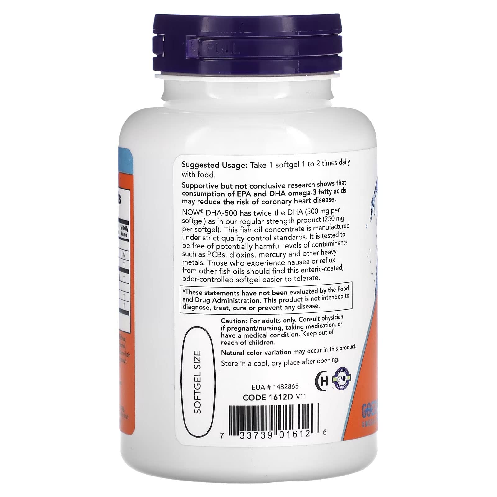 NOW Foods DHA-500 label displaying 500 mg DHA and 250 mg EPA