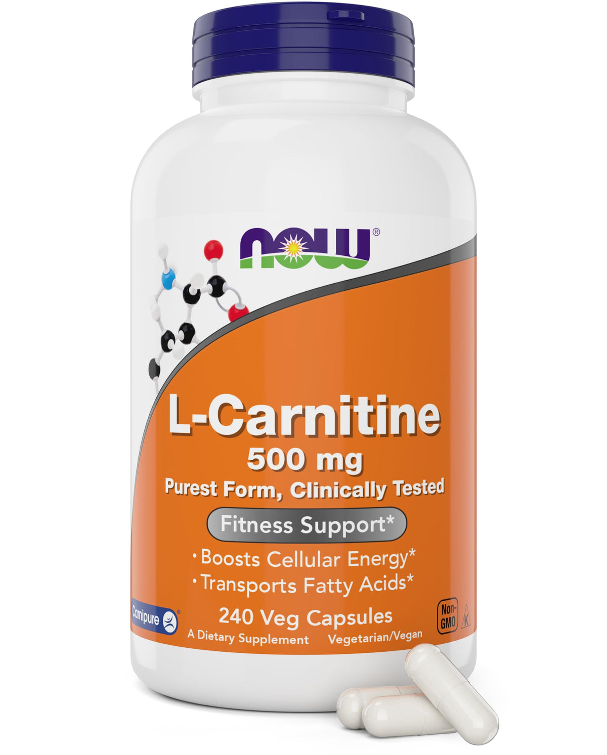NOW Foods L-Carnitine 500 mg bottle front showing vegan capsules for energy support.