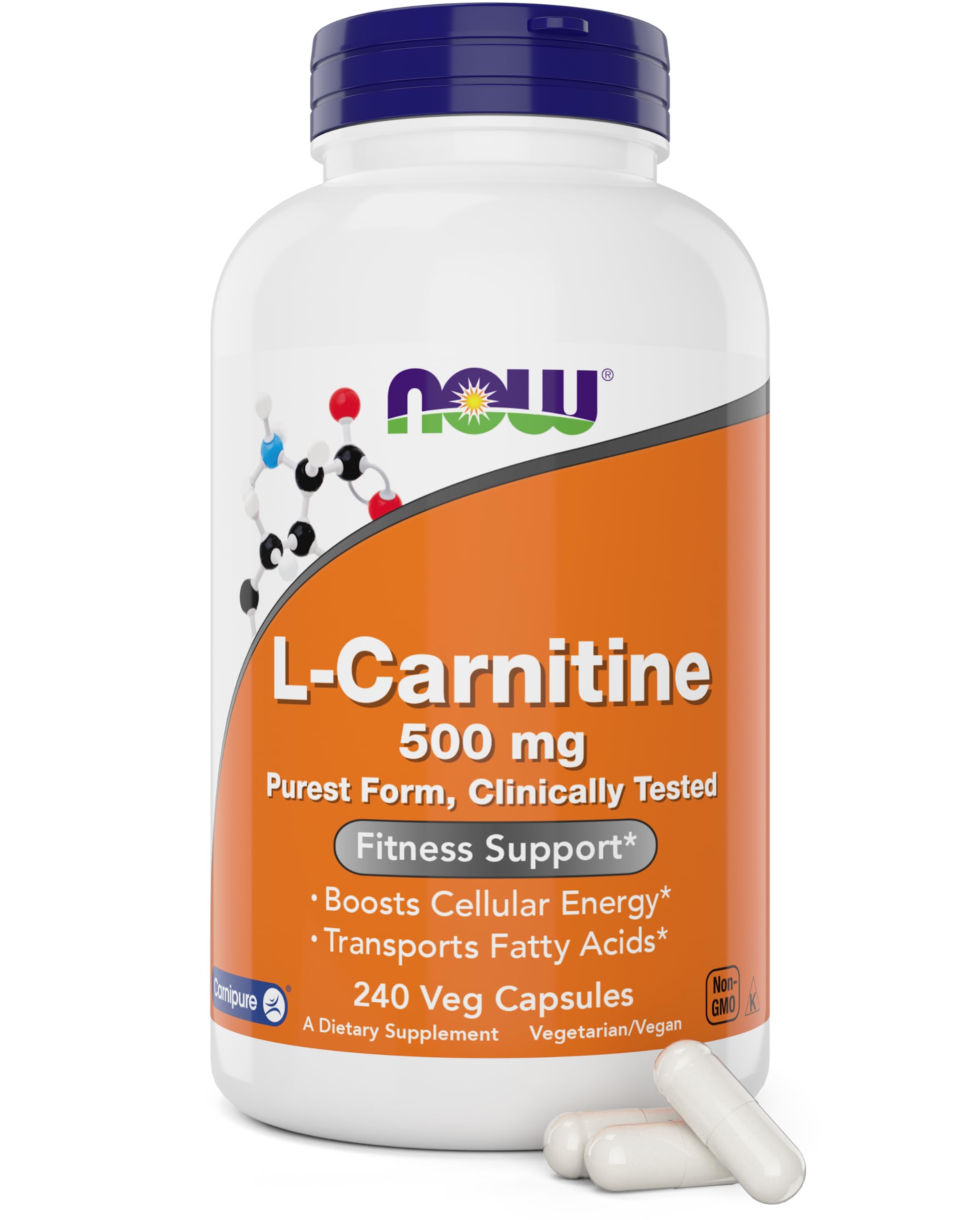 NOW Foods L-Carnitine 500 mg bottle front showing vegan capsules for energy support.