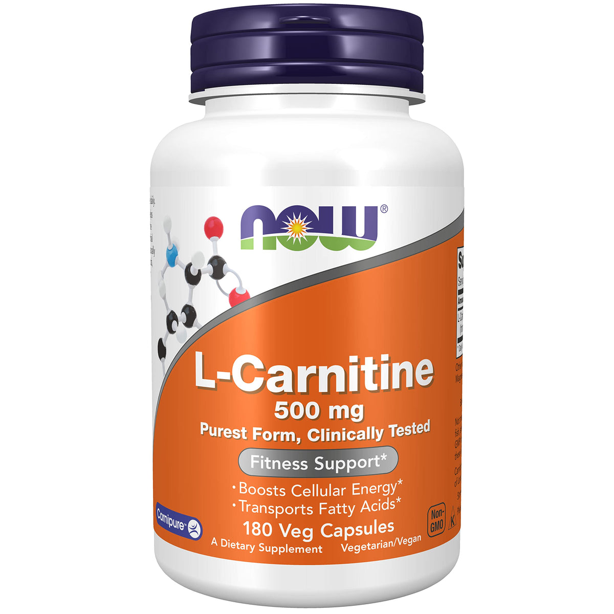 NOW Foods L-Carnitine 500 mg bottle shows veggie capsules for fitness support.