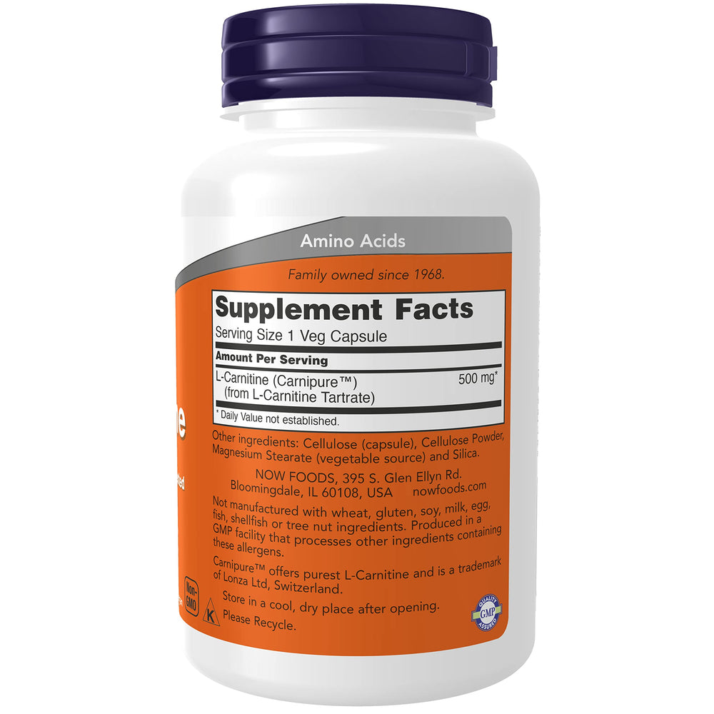 NOW Foods L-Carnitine capsules closeup highlights fatty acid transport for energy.