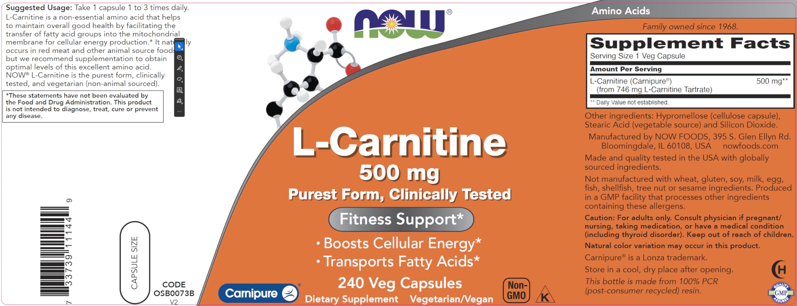 NOW Foods L-Carnitine 500 mg capsules closeup highlights pure vegetarian formula.