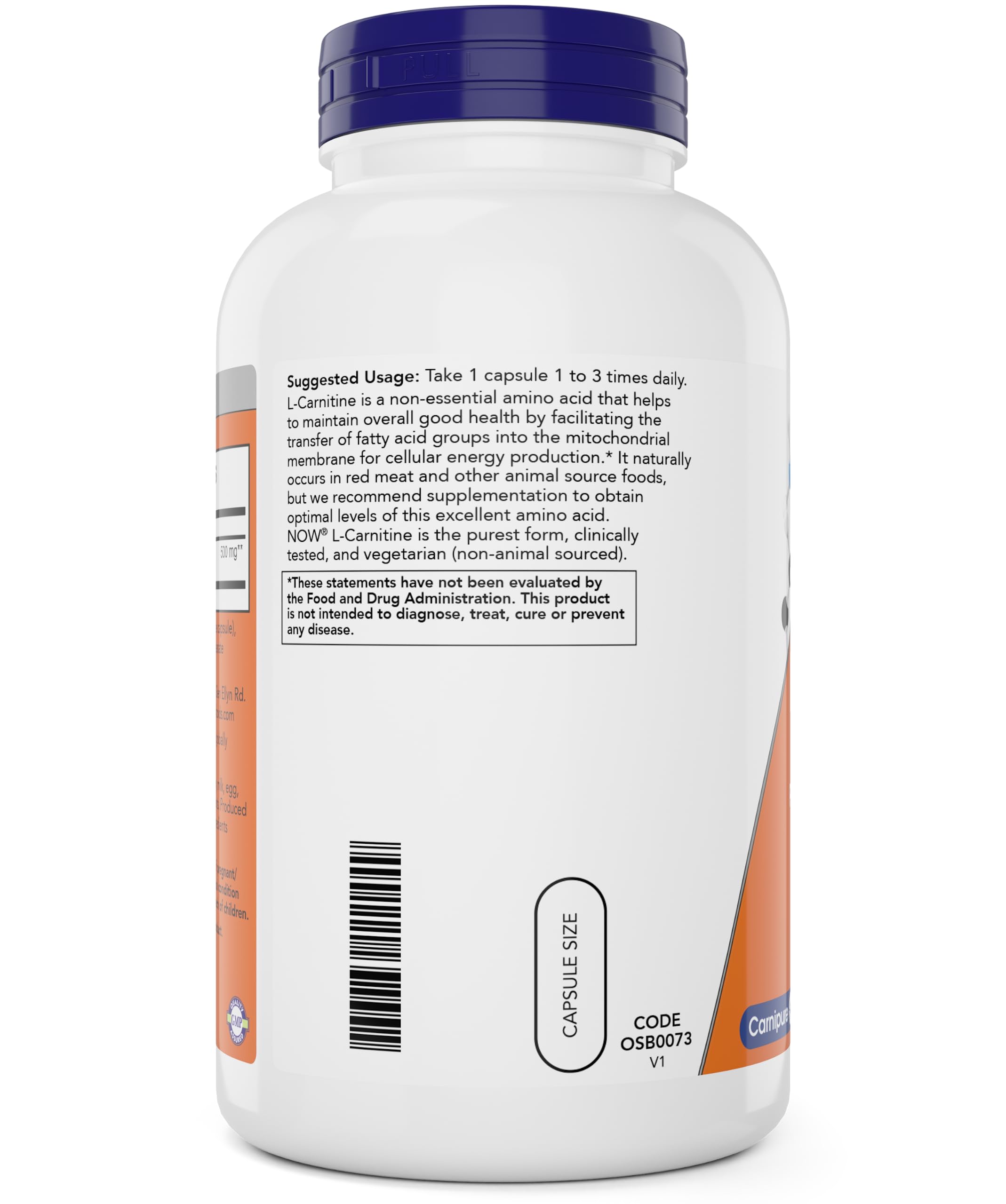 NOW Foods L-Carnitine 500 mg vegan capsules in bottle for athletic support.