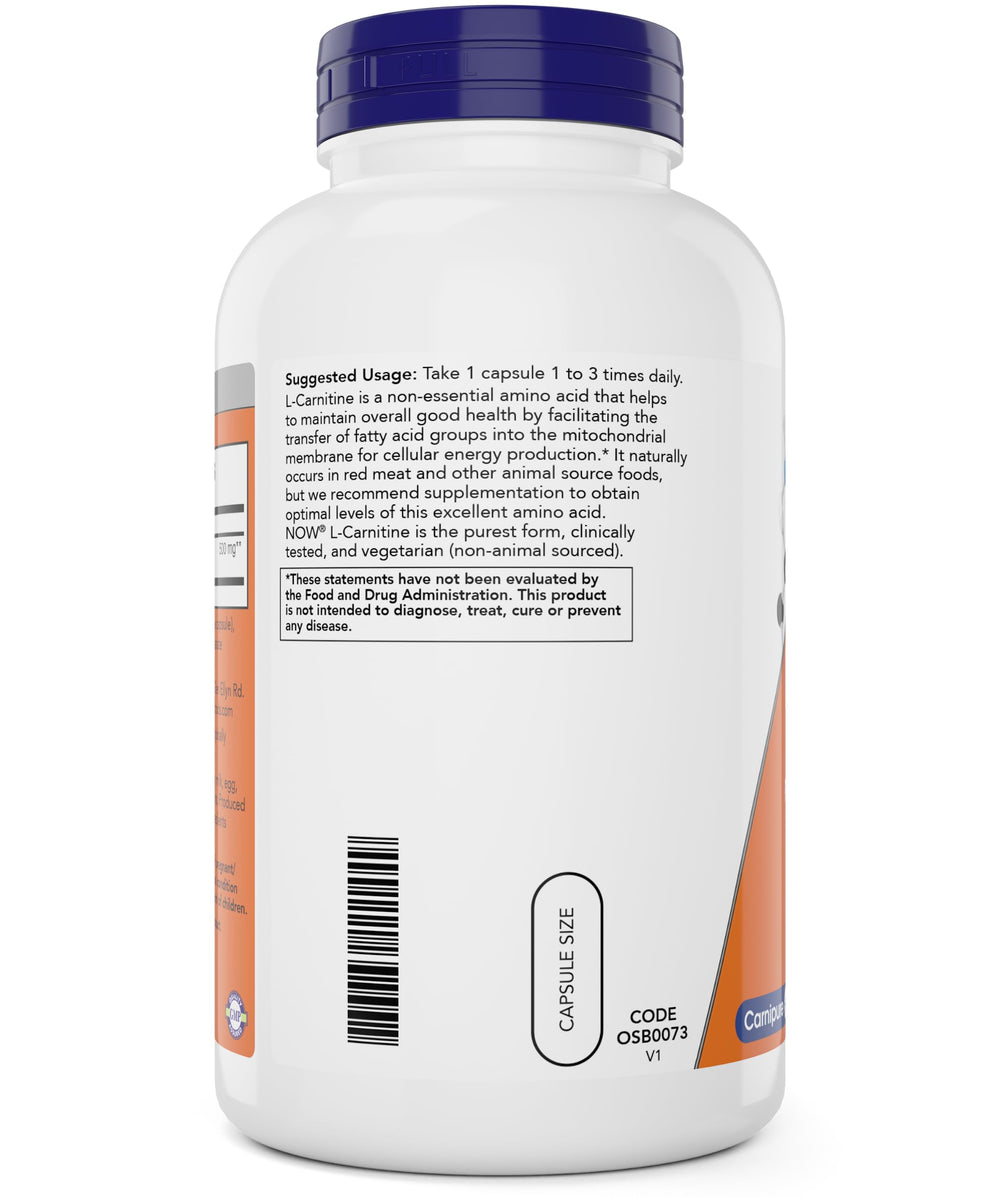 NOW Foods L-Carnitine 500 mg vegan capsules in bottle for athletic support.