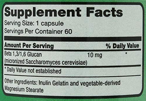 Close-up of Beta Glucan Immunition 10 mg label on bottle