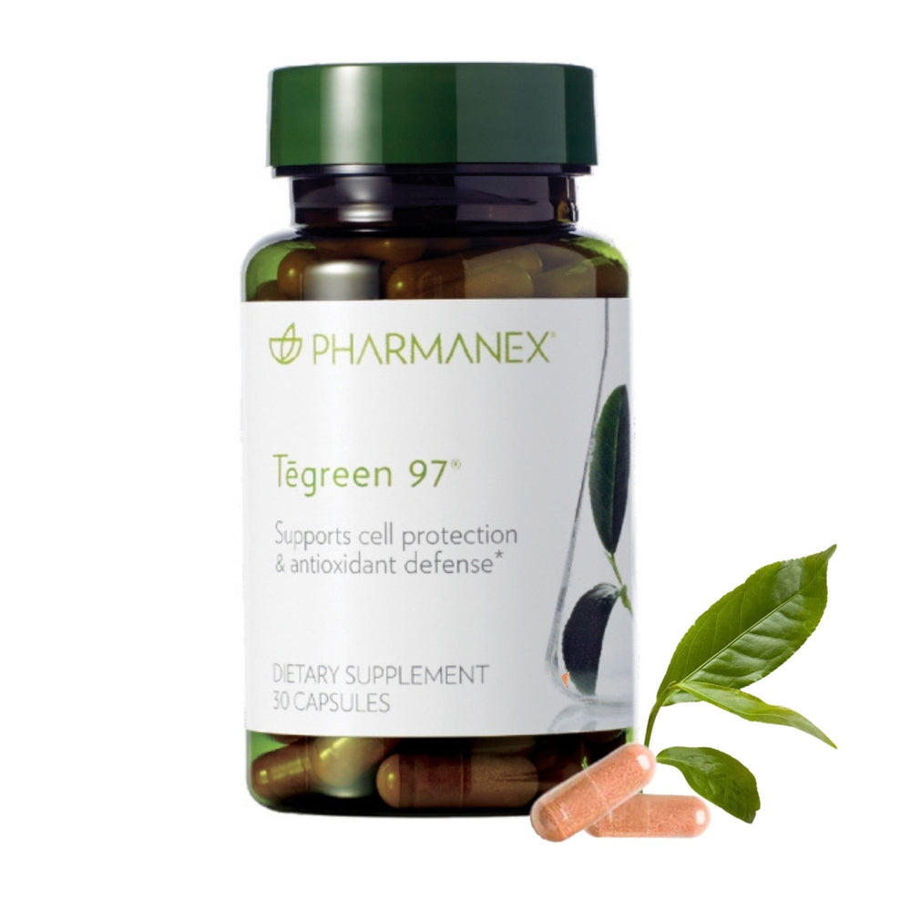 Front view of Nu Skin Pharmanex Tēgreen 97 bottle and capsules
