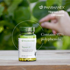 Close-up of Tēgreen 97 bottle label highlighting caffeine-free formula