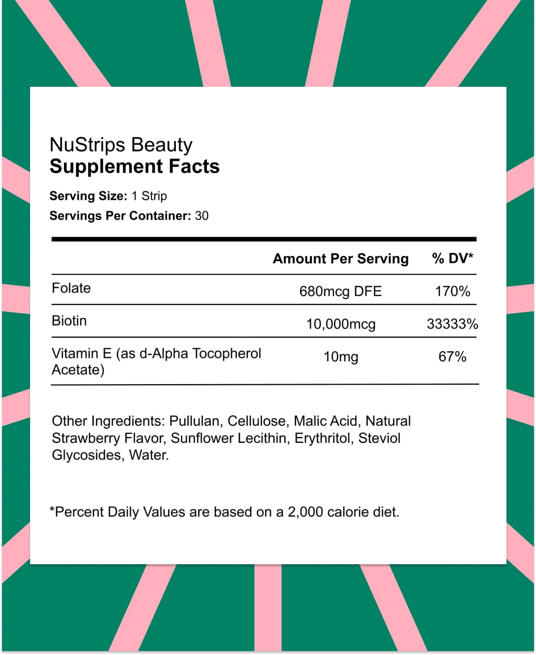 Product shot with NuStrips branding and strawberries