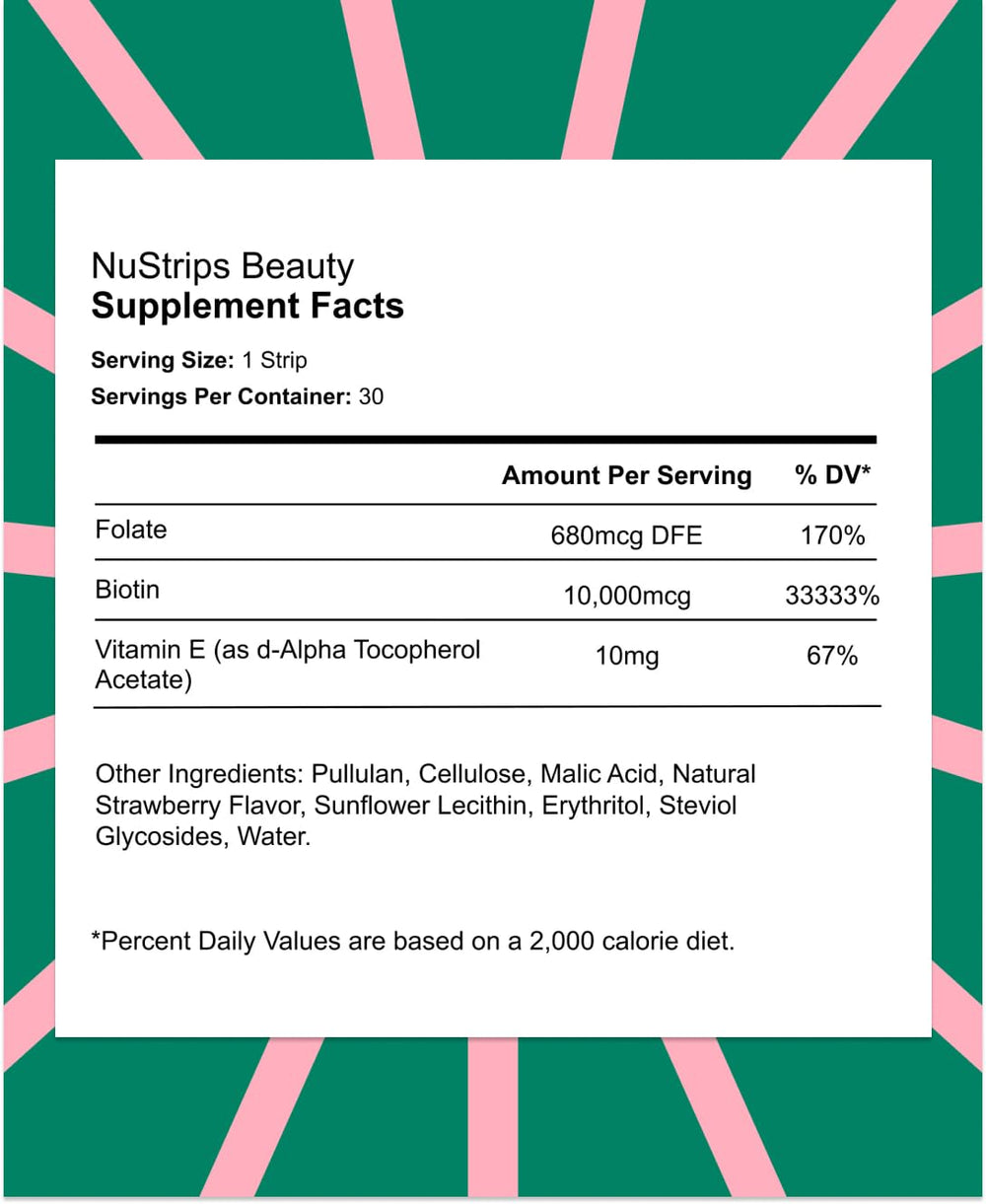 Product shot with NuStrips branding and strawberries