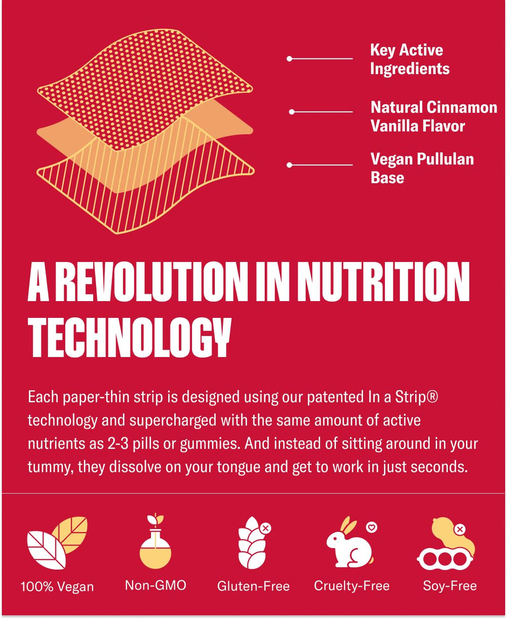 NuStrips vegan B12 source emphasizes daily energy support for vegetarians.