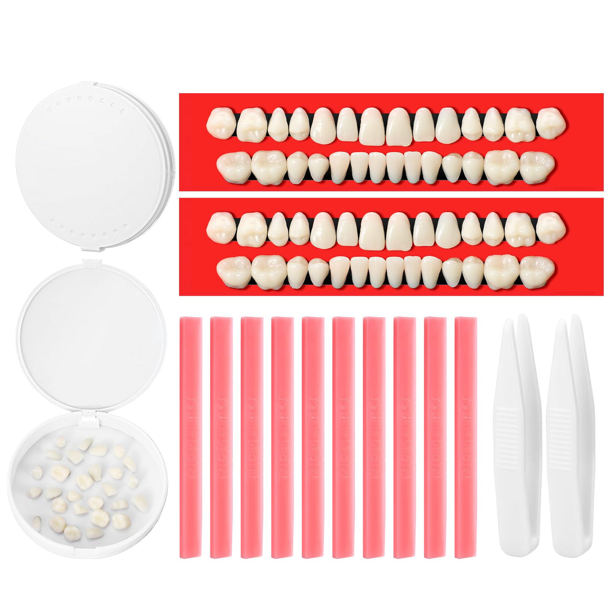 Nuanchu 16 Pcs Dentures Repair DIY Kit components laid out