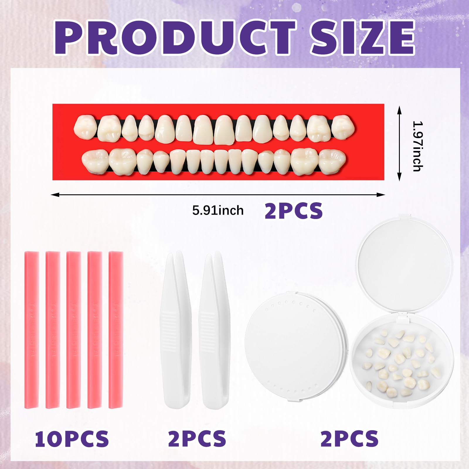 Close up of synthetic resin false teeth from the kit