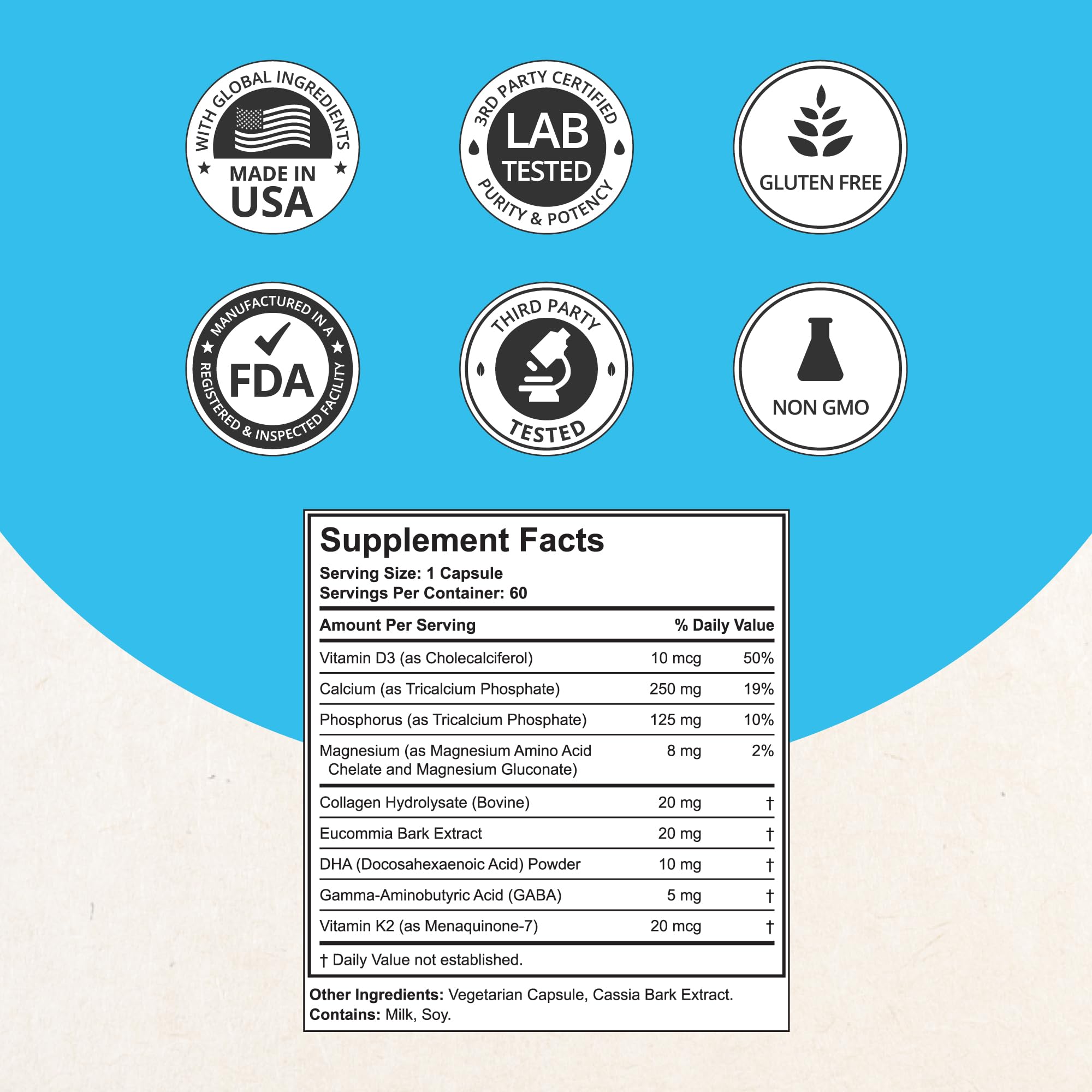Ingredients image for NuBest Doctor Plus including calcium, D3, K2 MK7, magnesium