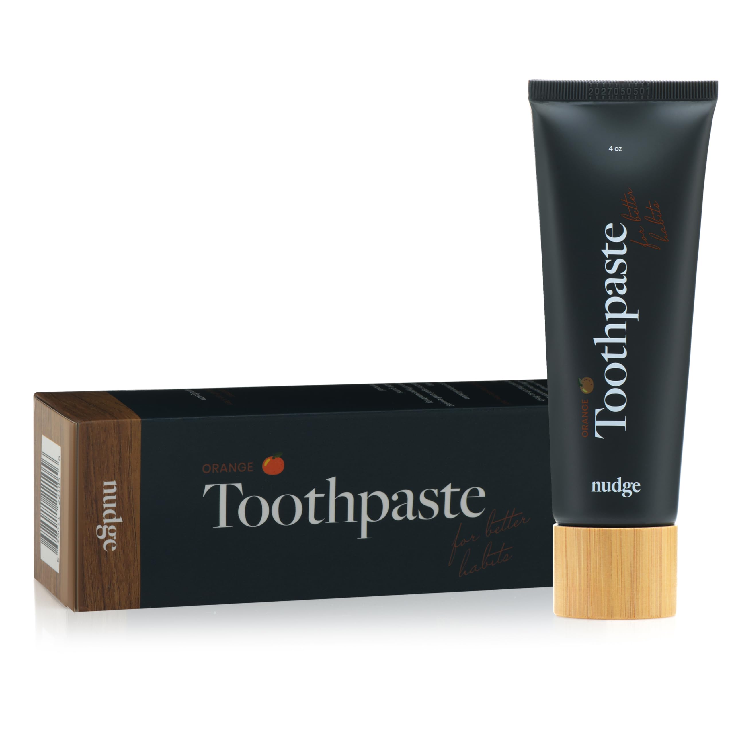 Full packaging and tube layout for Nudge Orange Toothpaste