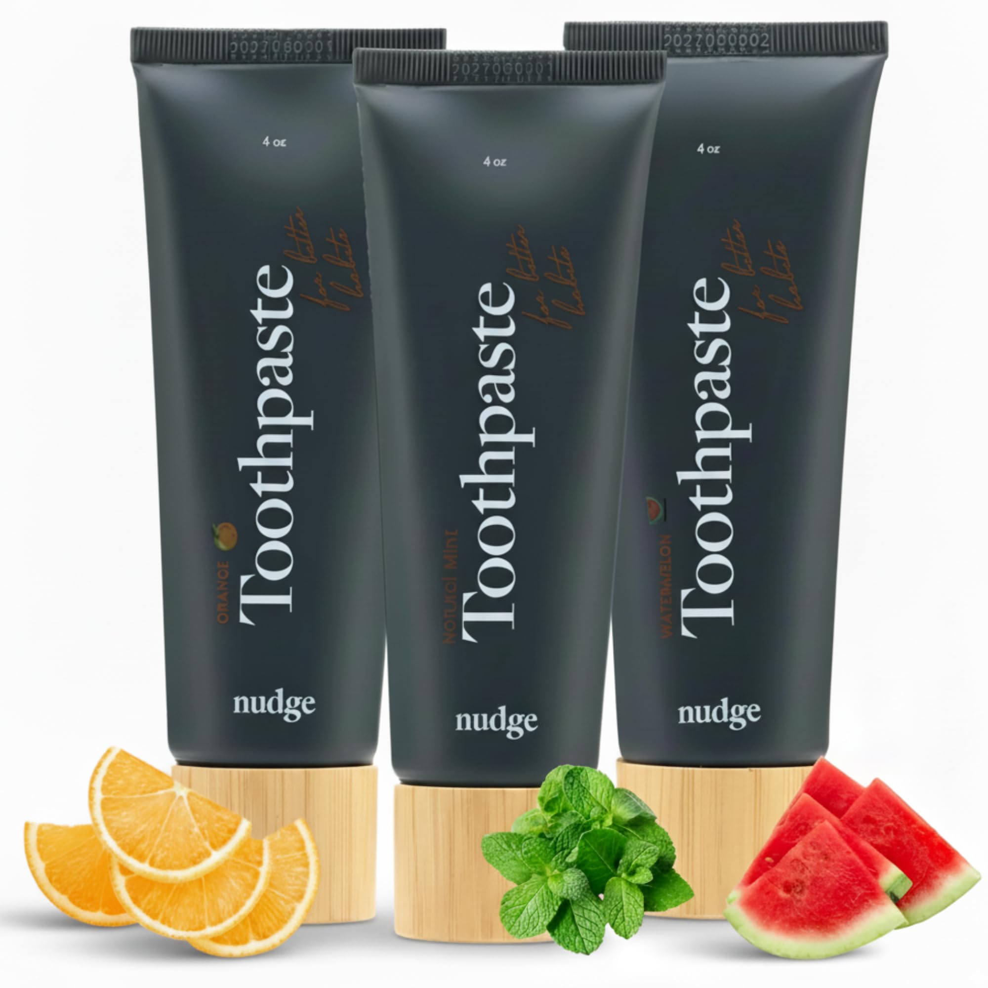 Nudge Toothpaste Variety Pack box showing three flavors: Natural Mint, Orange, and Watermelon