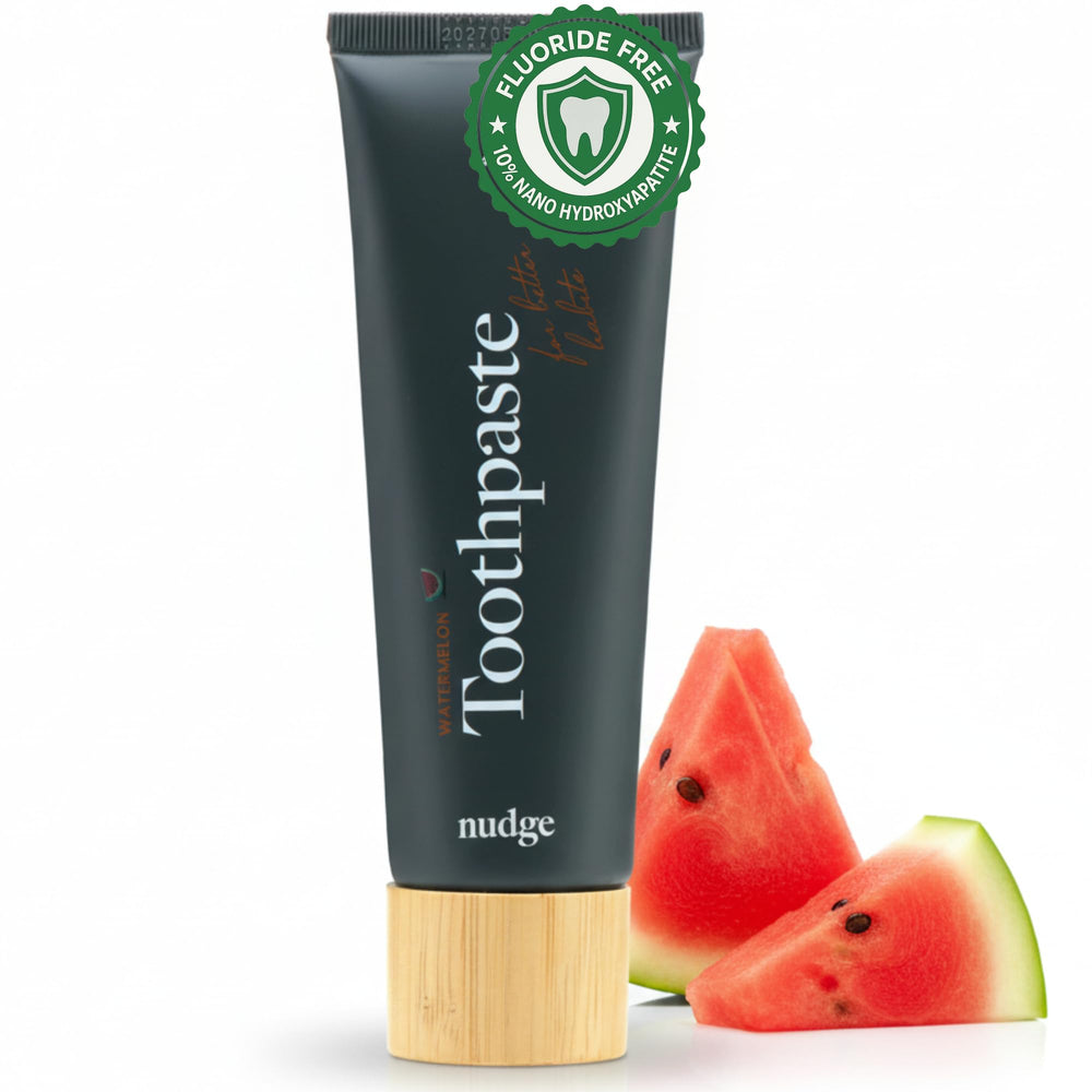 Nudge Watermelon toothpaste tube labeled 10% Nano Hydroxyapatite