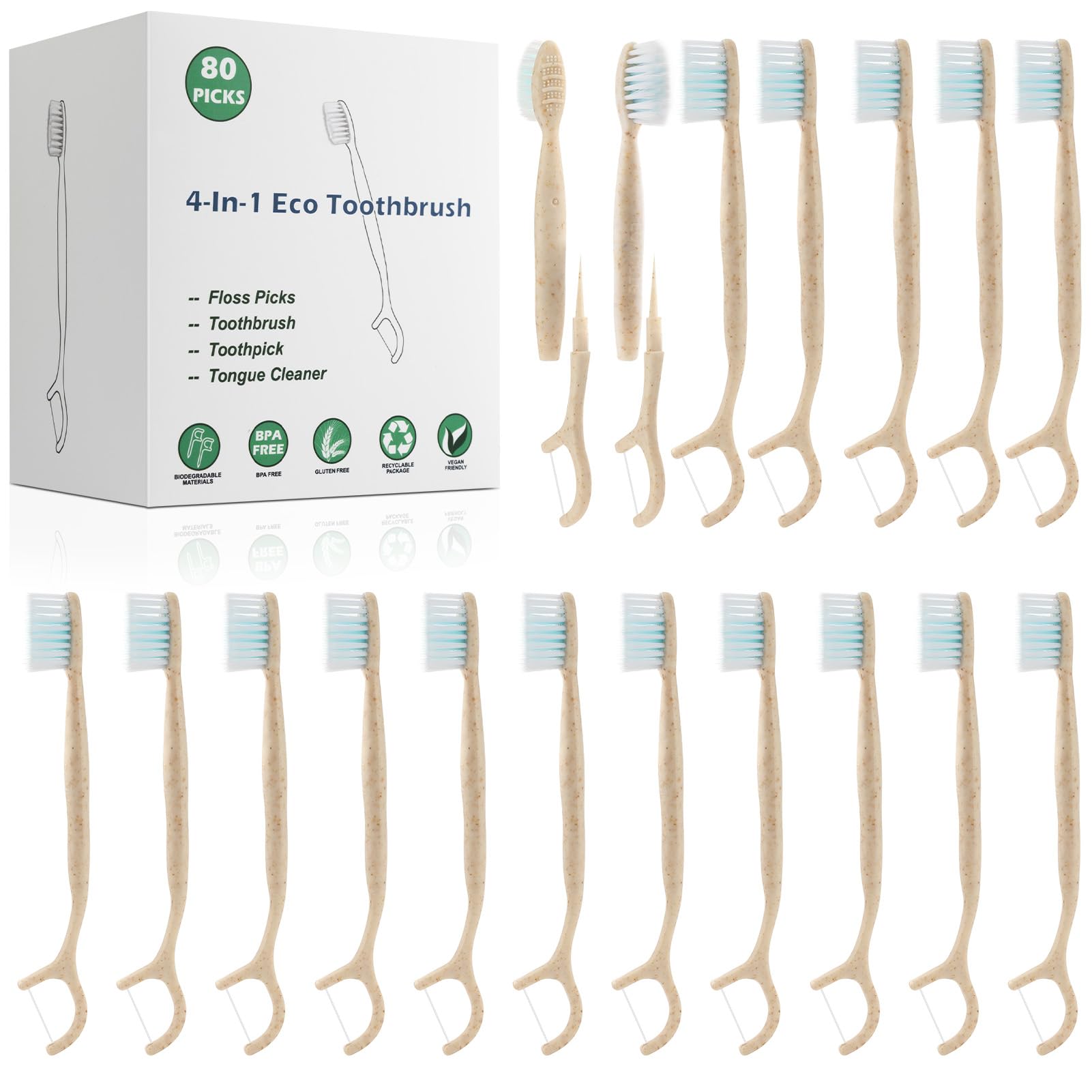 NUDUKO 4-in-1 travel toothbrush with floss picks, toothpick and tongue scraper